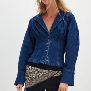 Free People Dark Blue Denim Button-Up Jacket